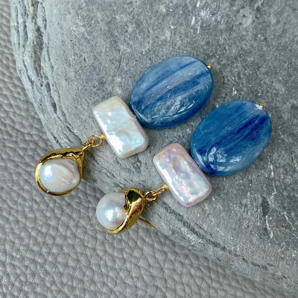Blue Kyanite Cultured White Biwa Pearl Geometric Dangle Earrings