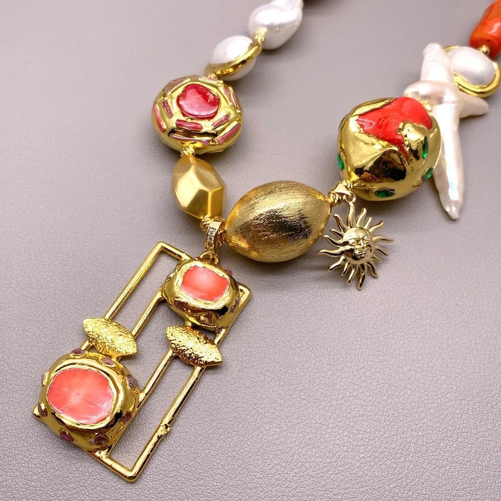 Vintage Baroque Pearl Mixed Gemstone Beaded Necklace Gold Plated
