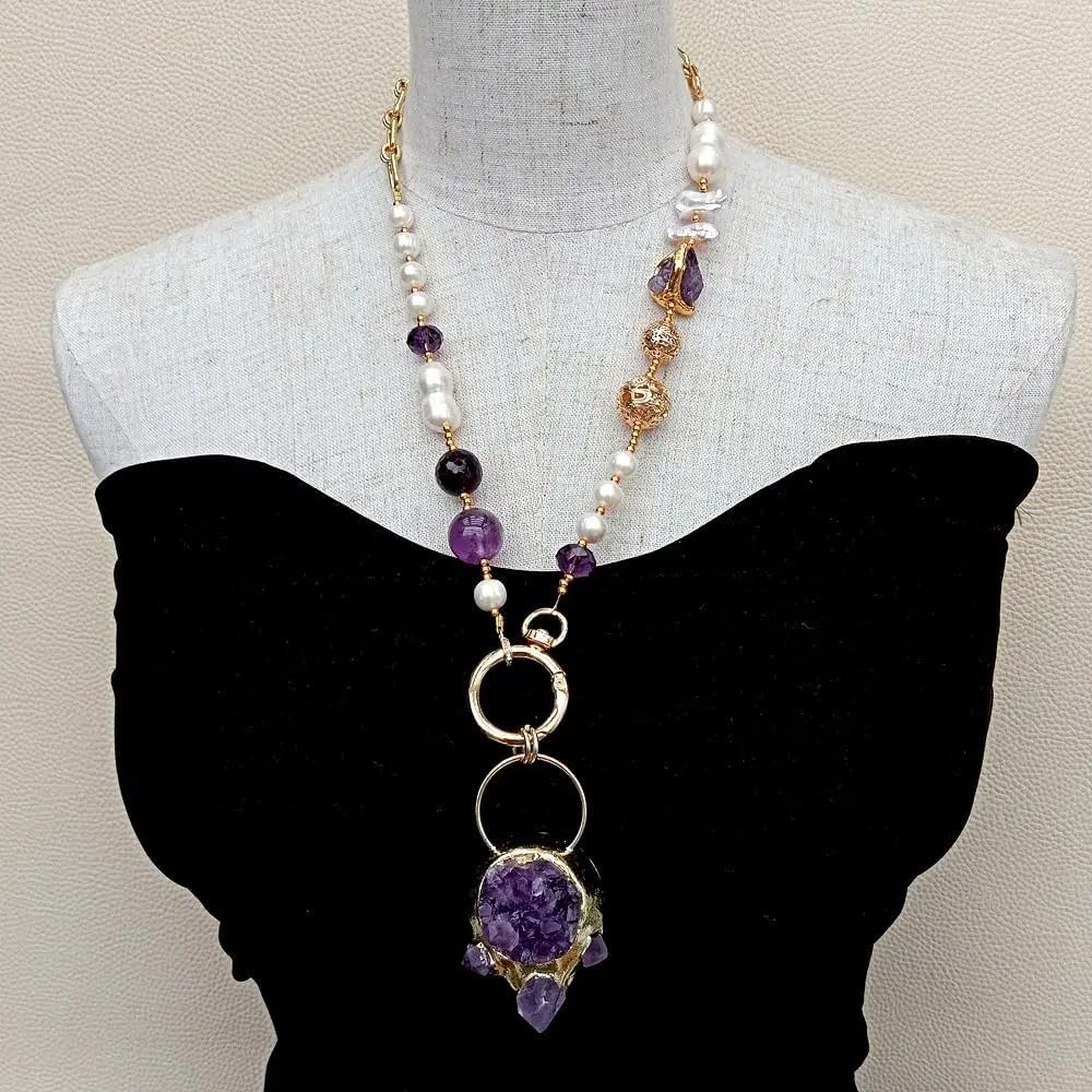 Handcrafted Natural Amethyst Druzy Pendant Necklace, Gold Plated Chain with White Cultured Pearls, Purple Crystal Statement Jewelry