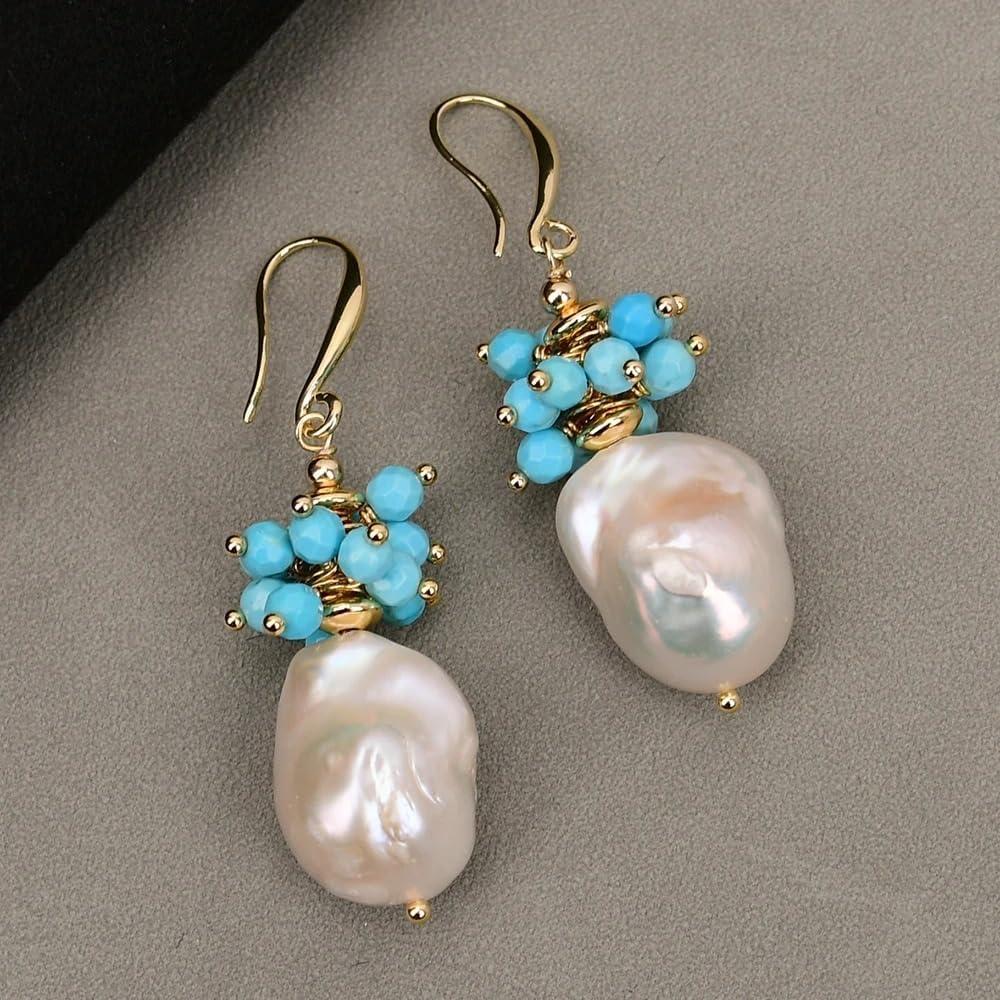 Baroque Pearl and Turquoise Drop Earrings, White Keshi Cultured Pearls with Blue Beads, Gold-Colored Hook Design