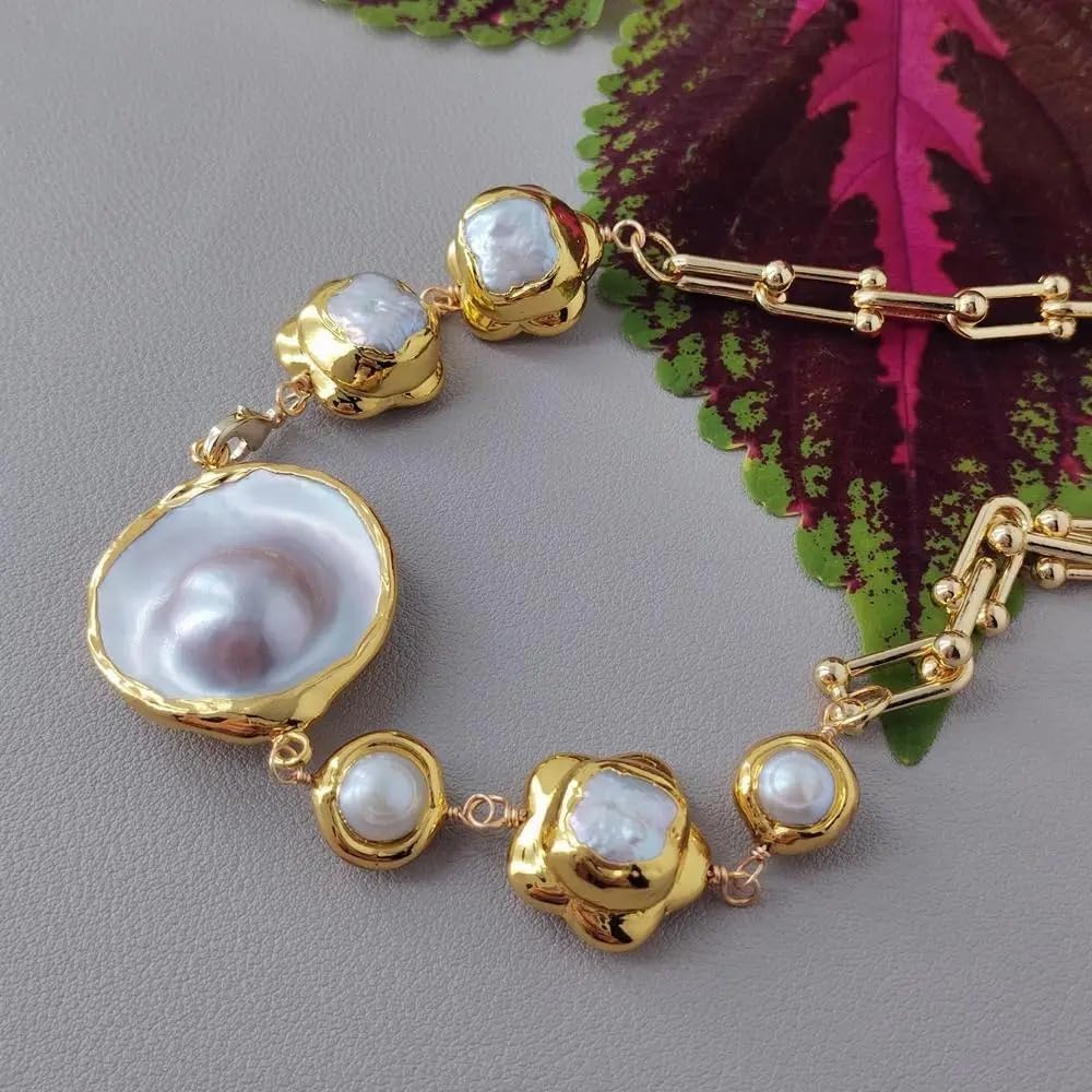 Elegant Pearl Necklace, Gold-Toned Chain with 32mm Gray Mabe Pendant, 20mm White Cultured Pearl Flower Collar