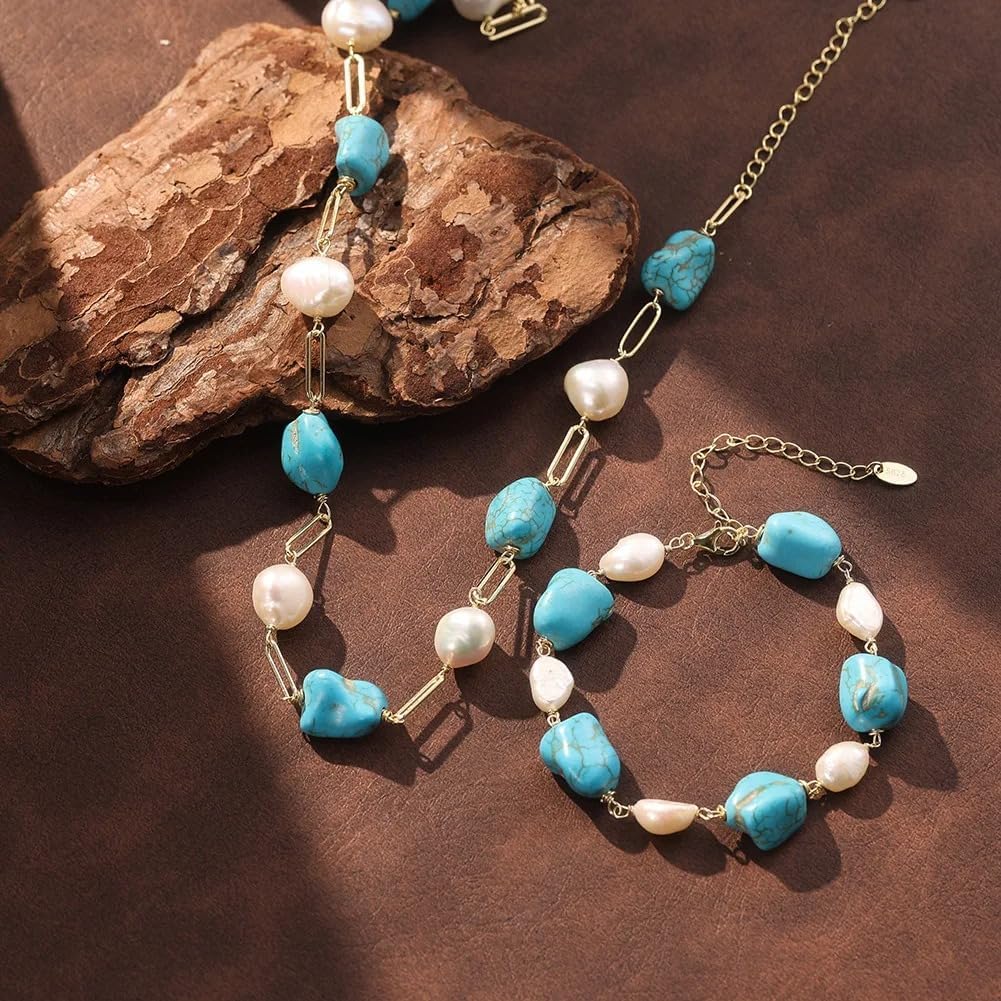 925 Silver Gold Plated Turquoise Stone White Pearl Strand Bracelet