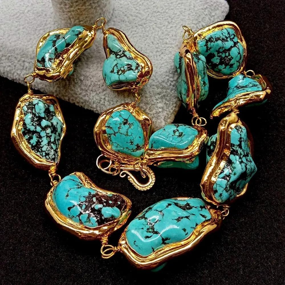 Handcrafted Turquoise Nugget Necklace, Blue Freeform Stone, Gold Electroplated Edge, 25x28mm, Ethnic Style Choker for Women