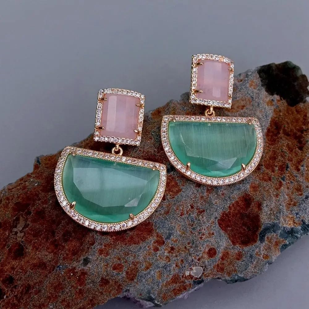 Elegant Geometric Dangle Earrings, Rose Gold Plated, Green and Pink Cat Eye, Semi-Circle Design, 8x26mm, Fashion Statement Jewelry