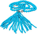10mm Blue Turquoise Long Necklace with Cubic Zirconia Pave Pearl Tassel