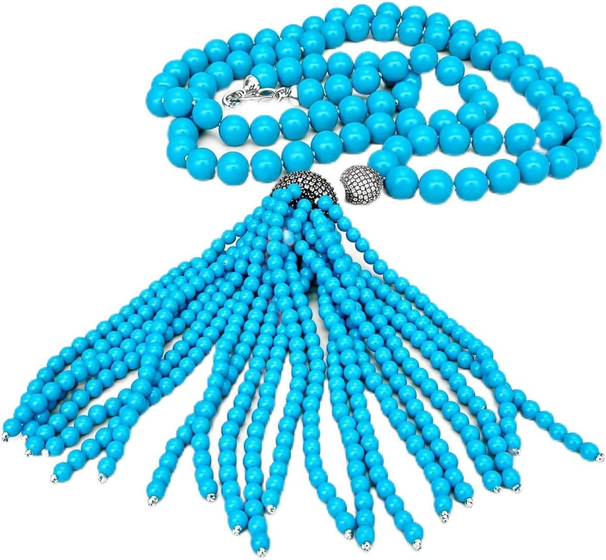 10mm Blue Turquoise Long Necklace with Cubic Zirconia Pave Pearl Tassel