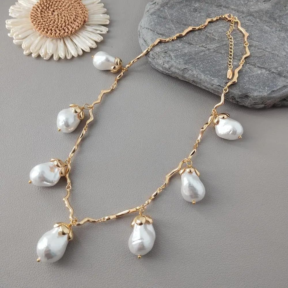 Gold Plated White Sea Shell Pearl Chain Link Necklace