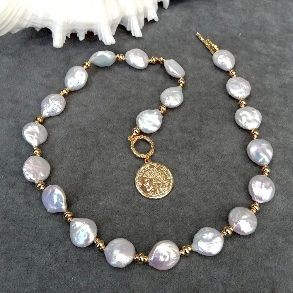 Baroque Pearl Necklace with Gold Coin Pendant, 14x17mm Natural Freshwater White Pearls, Gold Plated