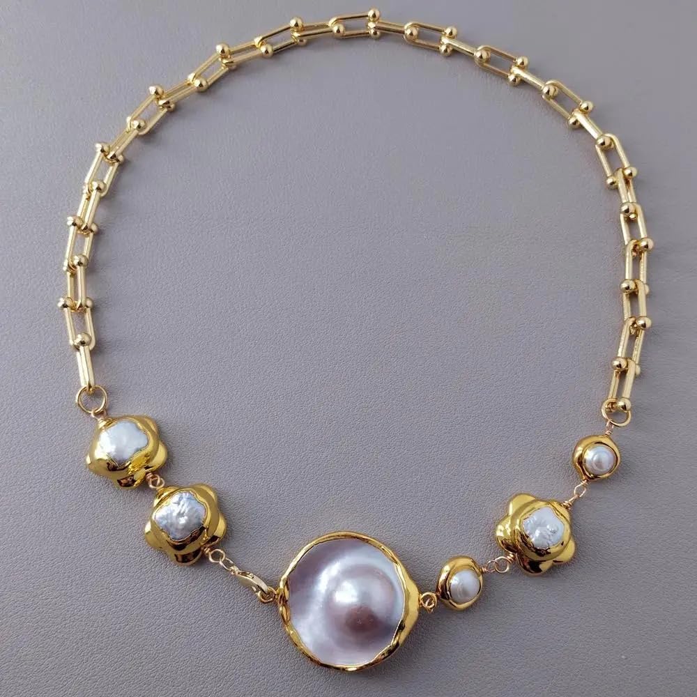 Elegant Pearl Necklace, Gold-Toned Chain with 32mm Gray Mabe Pendant, 20mm White Cultured Pearl Flower Collar