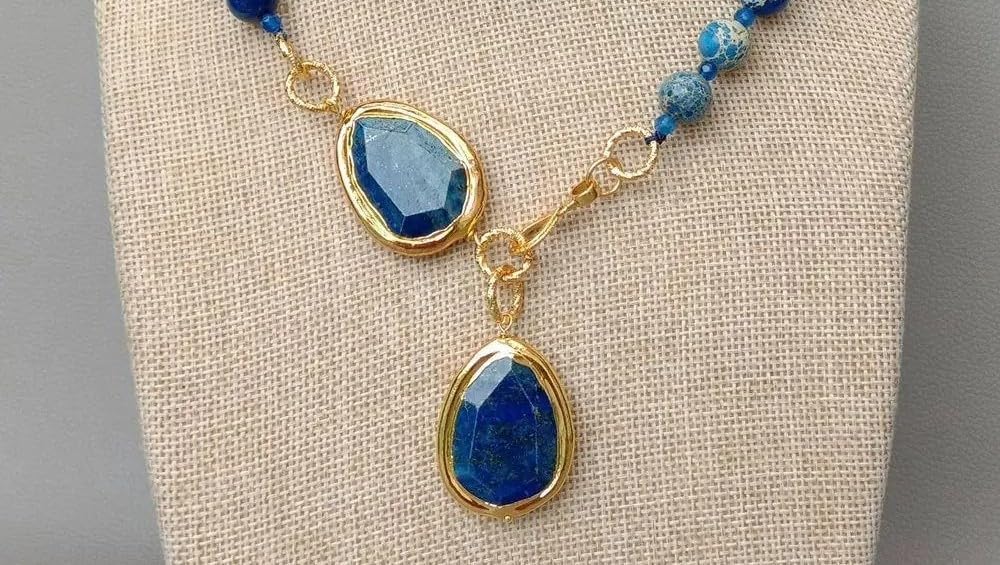 Natural Blue Sea Sediment Jasper Lapis Chunk Pendant Necklace | Round Shape, Natural Stone, Sea Sediment Jasper, Blue Lapis, Pendant Style