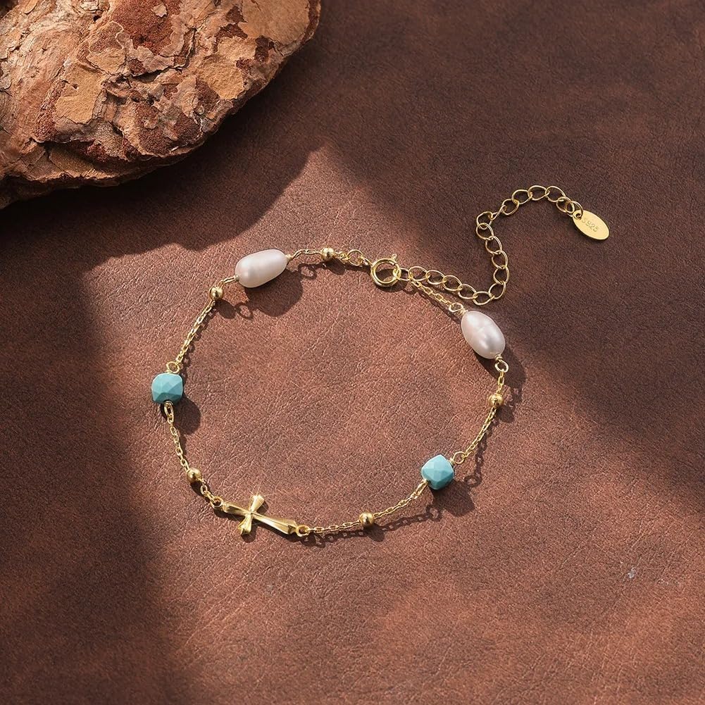 925 Silver Gold Plated Turquoise Pearl Chain Link Bracelet