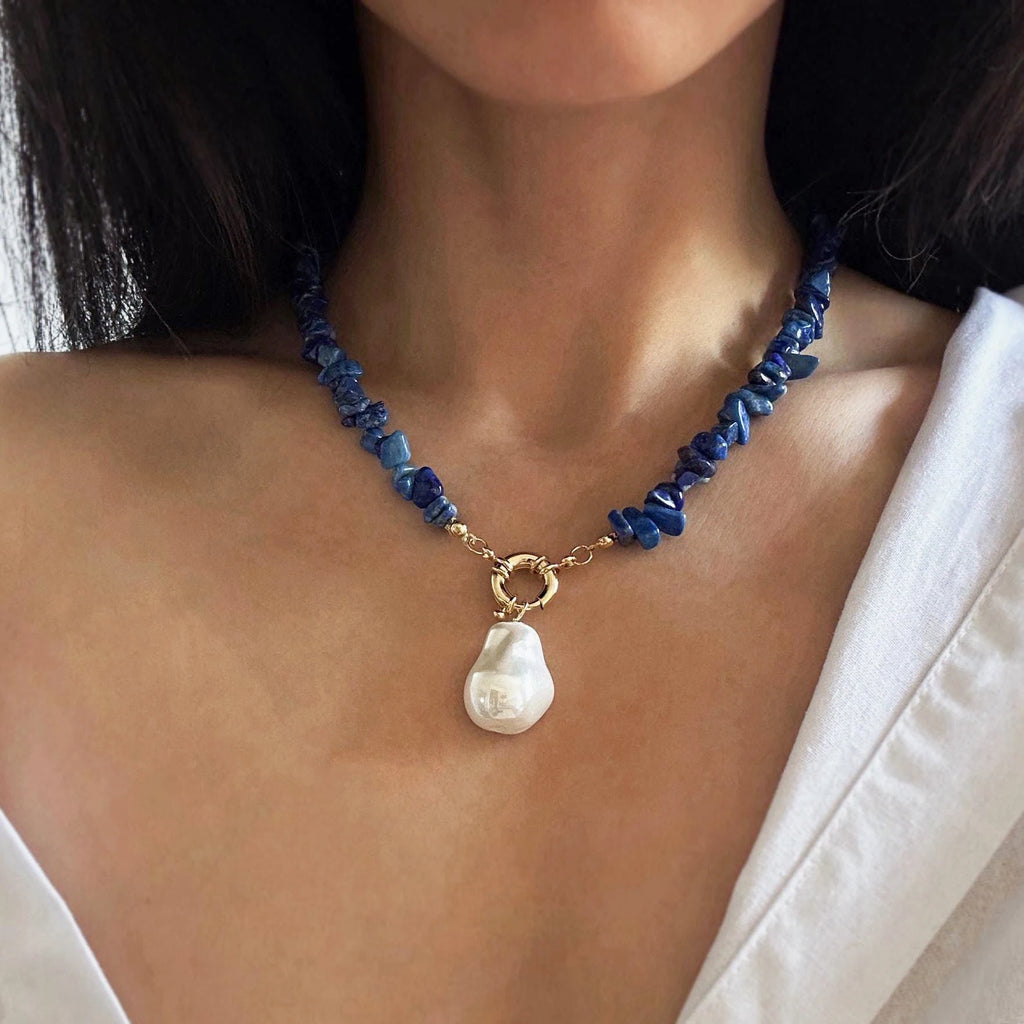 Natural Lapis Lazuli Large Glass Baroque Pearl Pendant Necklace
