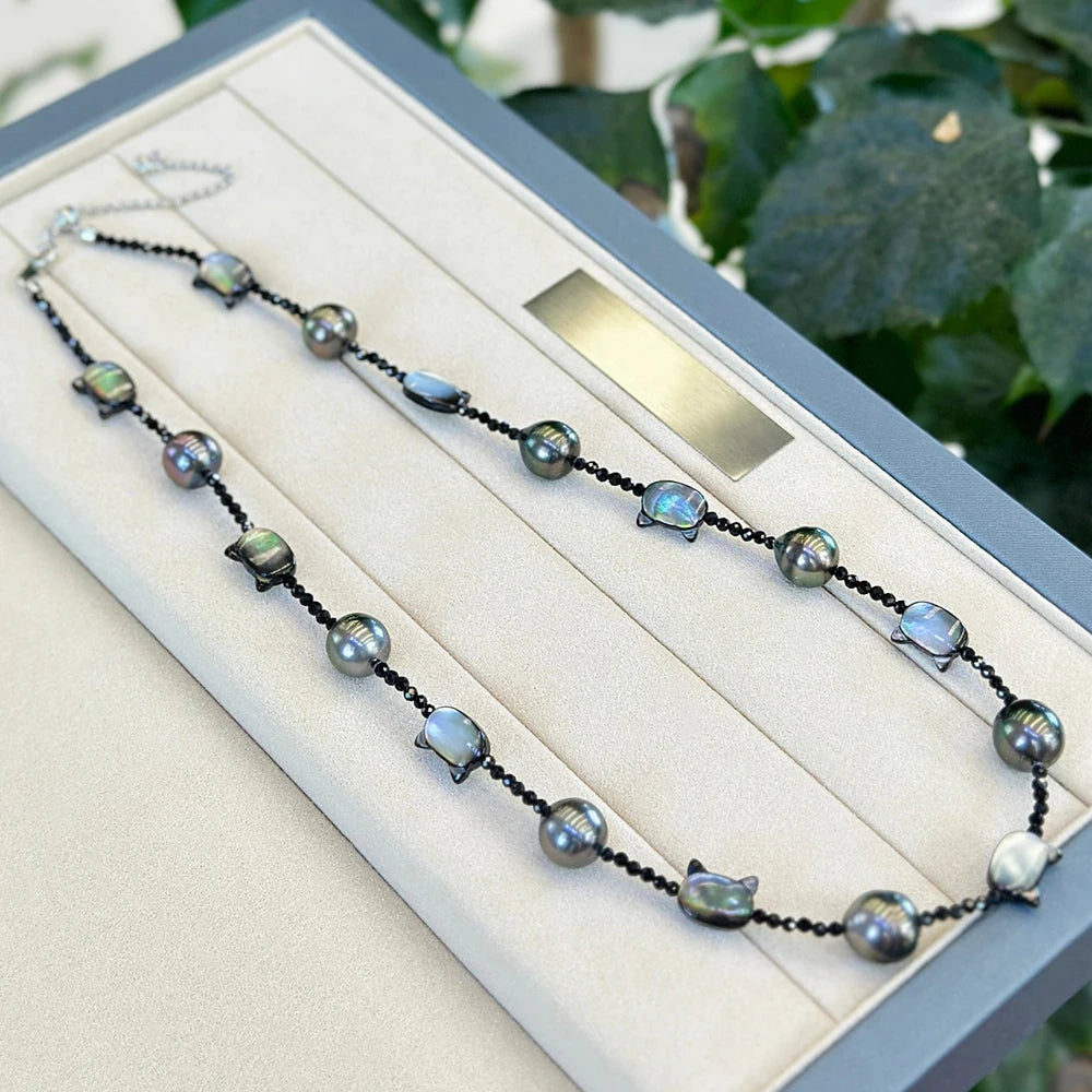 9-10mm Tahitian Black Pearl with 925 Silver Necklace and Bracelet Jewelry Set