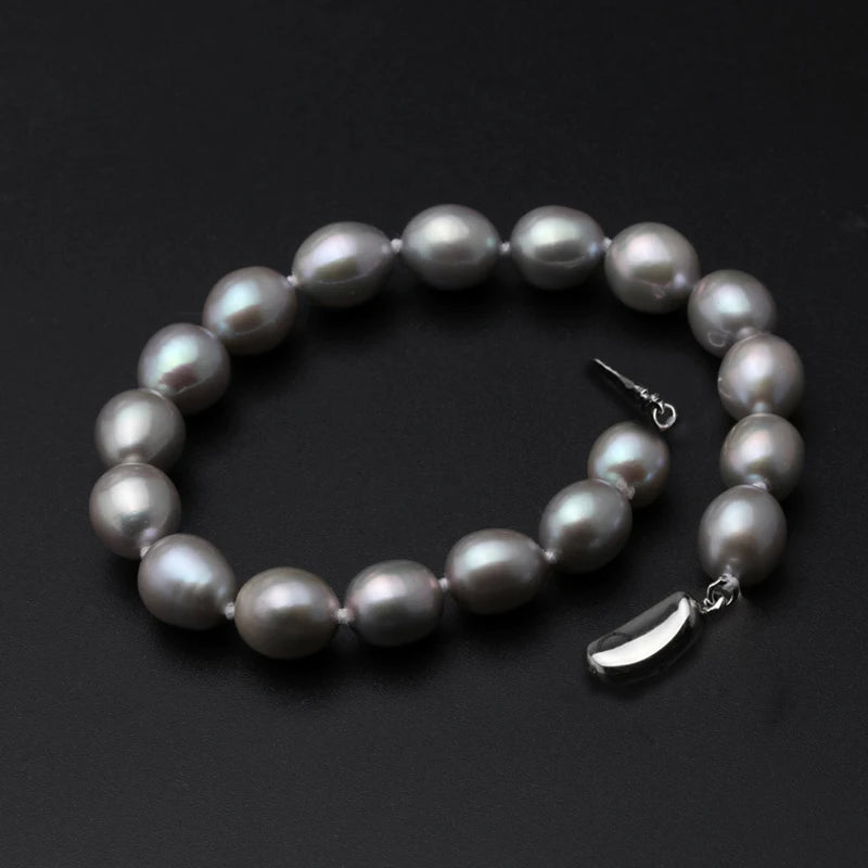 Real Freshwater Pearl Bracelet Ladies Silver 925,Bridal Natural Grey Pearl Bracelet Girls Wife Mother Birthday Anniversary Gift
