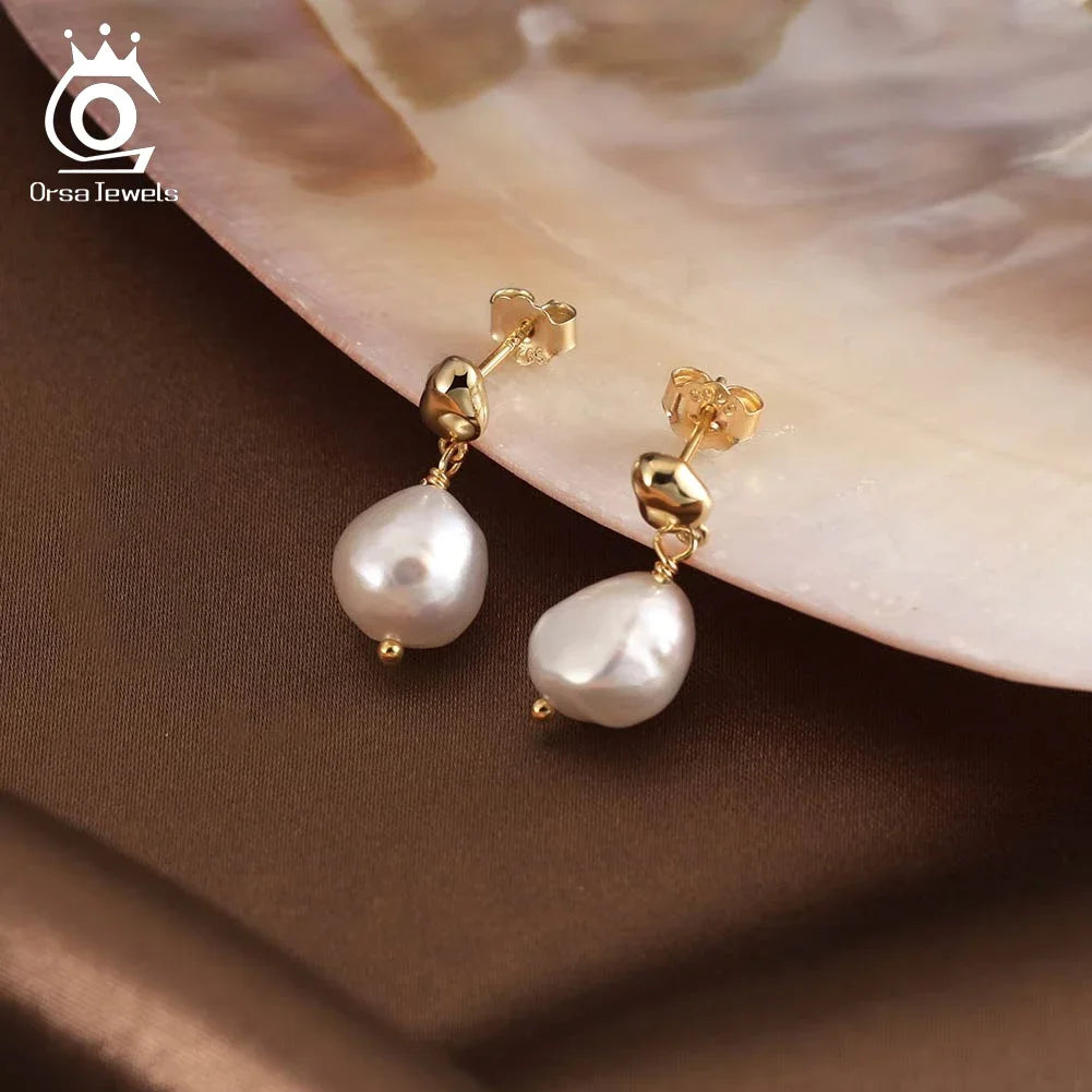 925 Sterling Silver Freshwater Pearl Jewelry Set Piercing Drop Earrings Gold Plated Necklace