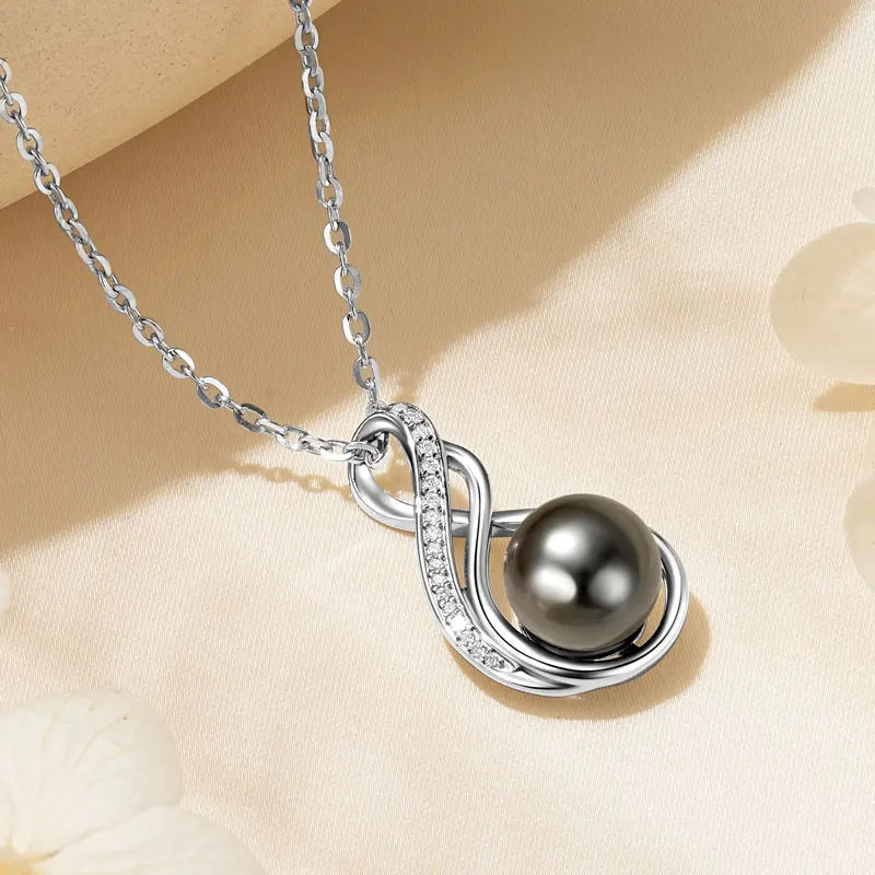 Round Tahitian Black Pearl Moissanite Infinity  925 SilverPendant Necklace