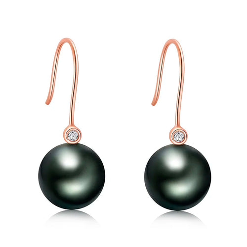 18K Gold Natural Tahitian Cultured 8-9mm Black Pearl Diamond Ear Hook