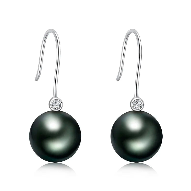 18K Gold Natural Tahitian Cultured 8-9mm Black Pearl Diamond Ear Hook