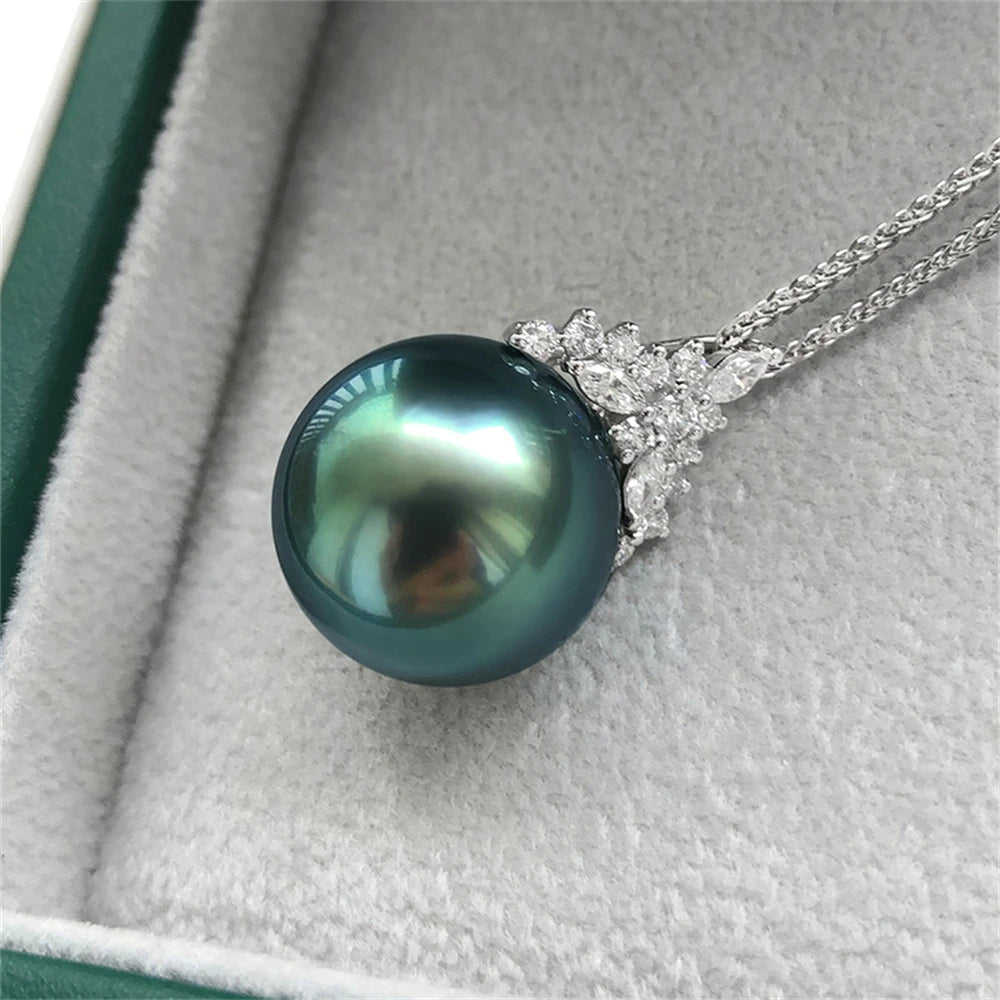 S925 Silver Inlaid Zircon Imitation Tahitian Dark Green Pearl Necklace