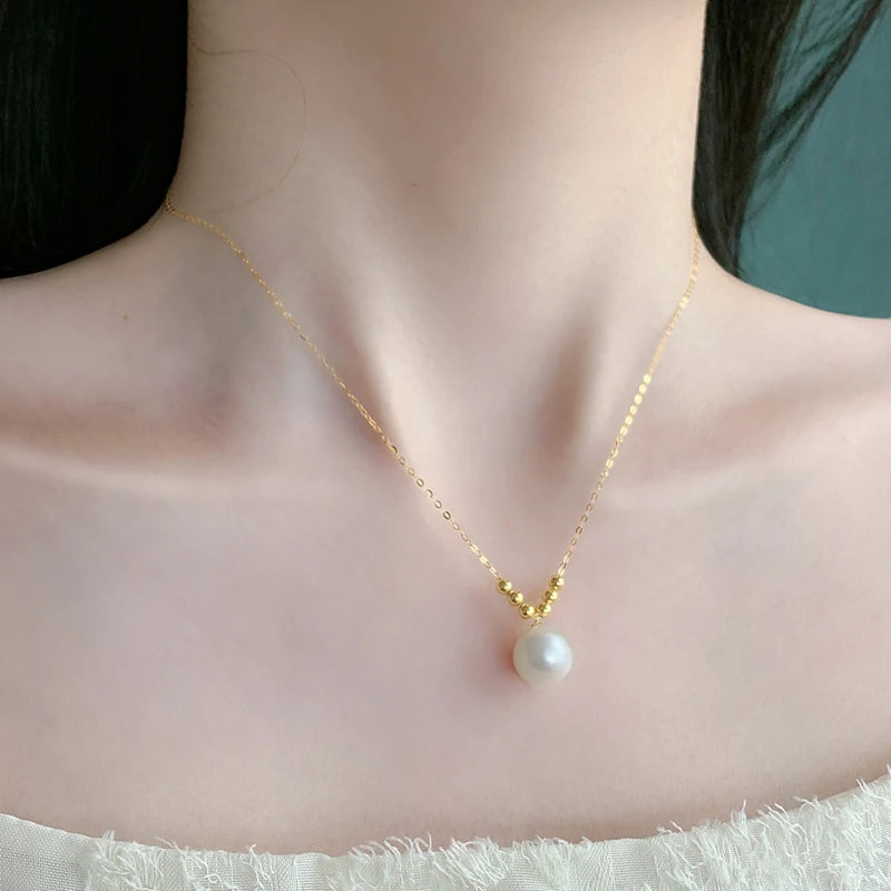 Pure 18k Yellow Gold  7.5-9.5mm  Natural freshwater Pearl Necklace pendant