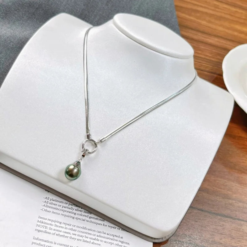 Tahitian Seawater Black Pearl Real 925 SilverPendant Necklace