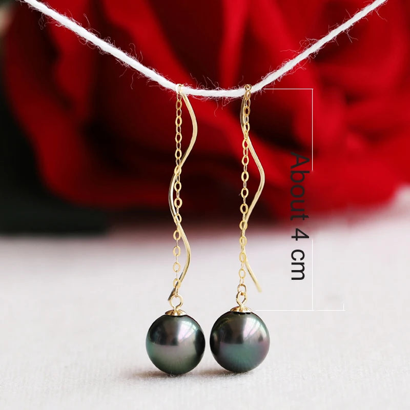 Perfect Round Tahitian Black Pearl Earrings For Women,Real 18k Gold Pearl Earrings Wedding Bride Gift