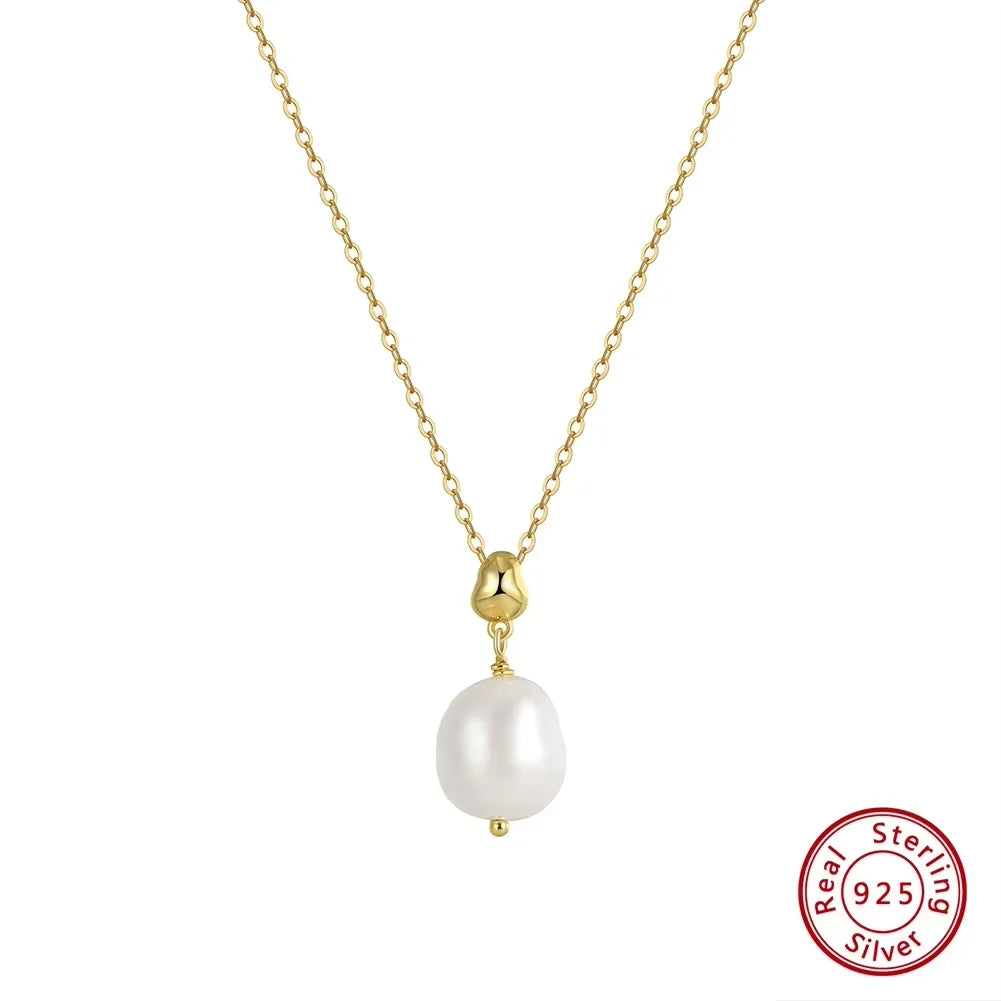 925 Sterling Silver Freshwater Pearl Jewelry Set Piercing Drop Earrings Gold Plated Necklace