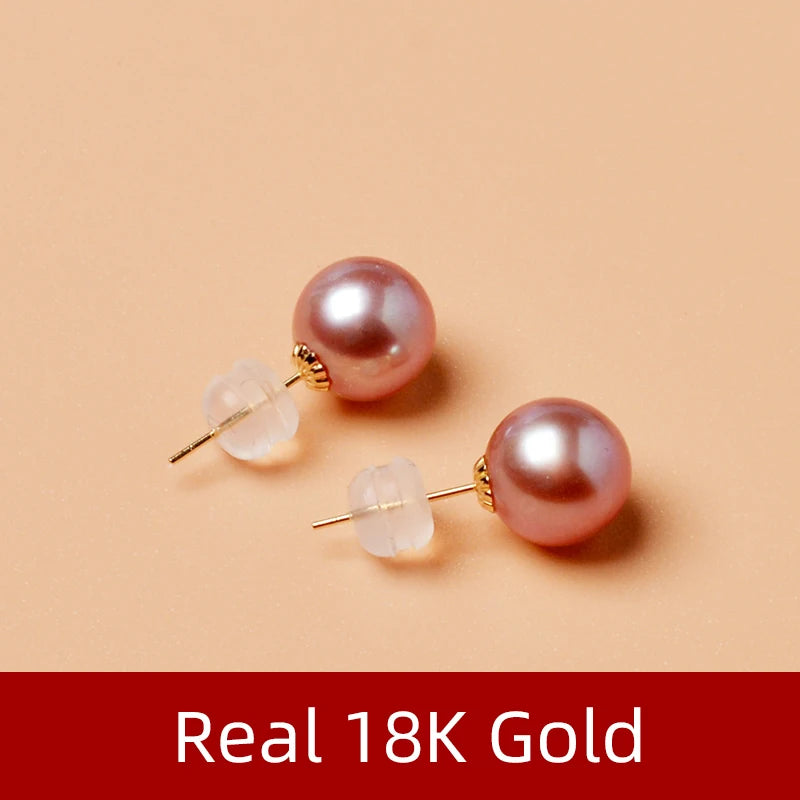 Real Natural Freshwater Pearl  18k Gold Stud Earrings