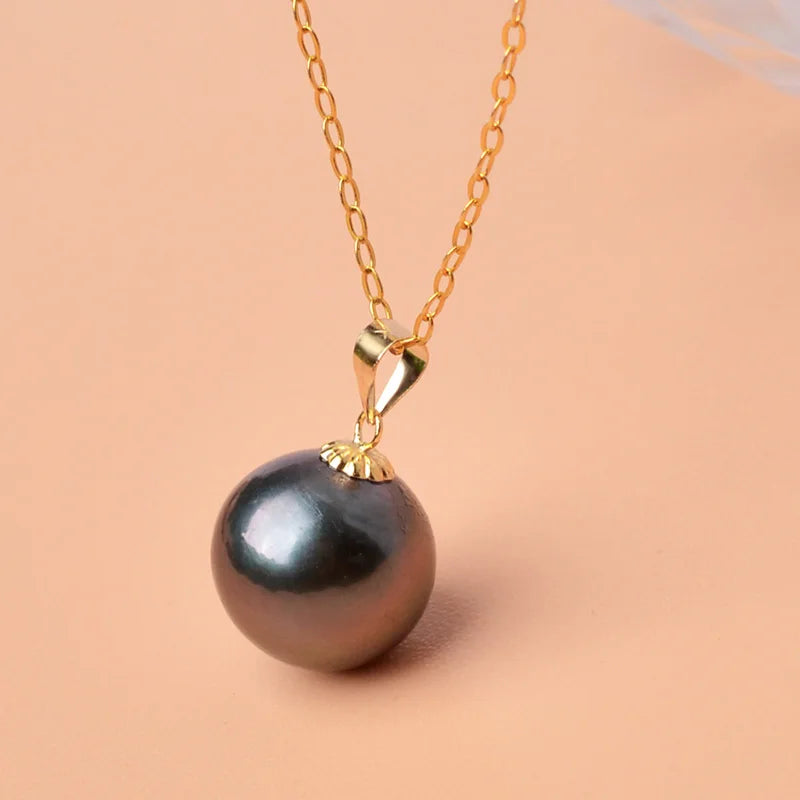 Natural  Tahiti black pearl 8-12mm Pure 18K Gold  Necklace Pendant