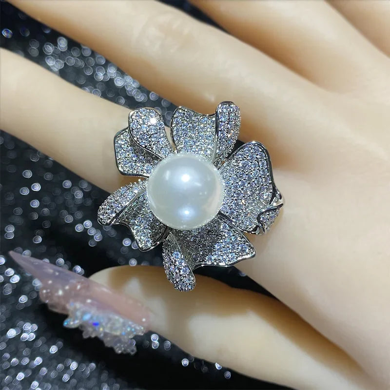 natural pearl beads ring gold-plated Tahitian black flowers temperament match finger ring