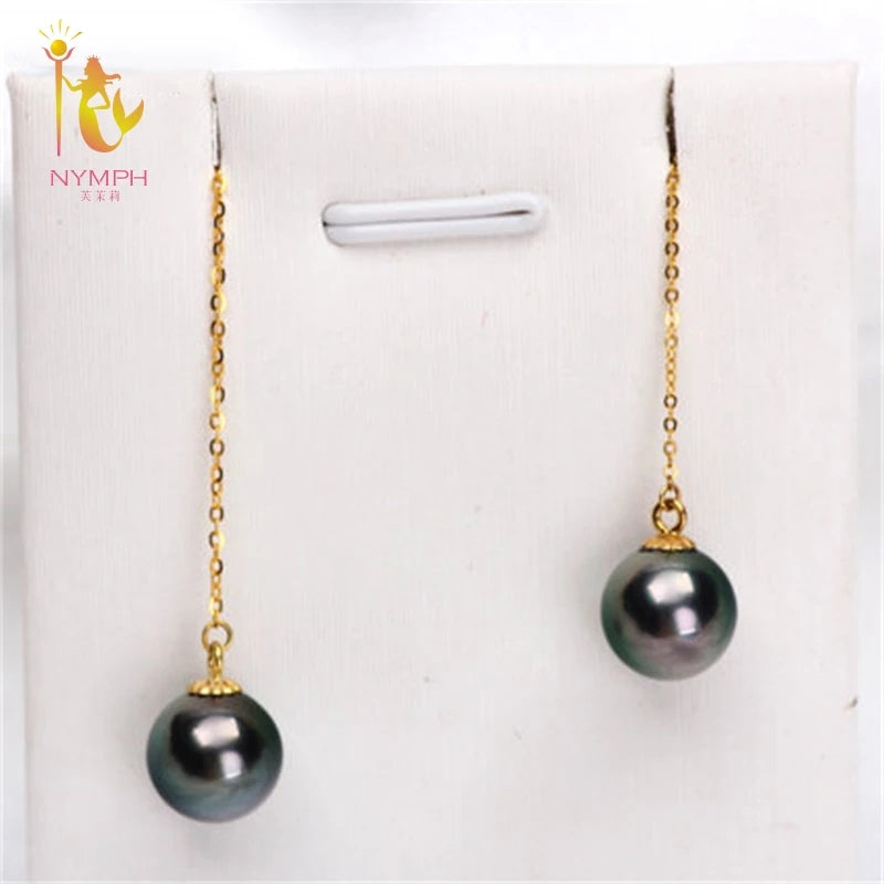 NYMPH 18K Yellow Gold Tahitian Black Drop Pearl earrings AU750 Fine Jewelry ED354