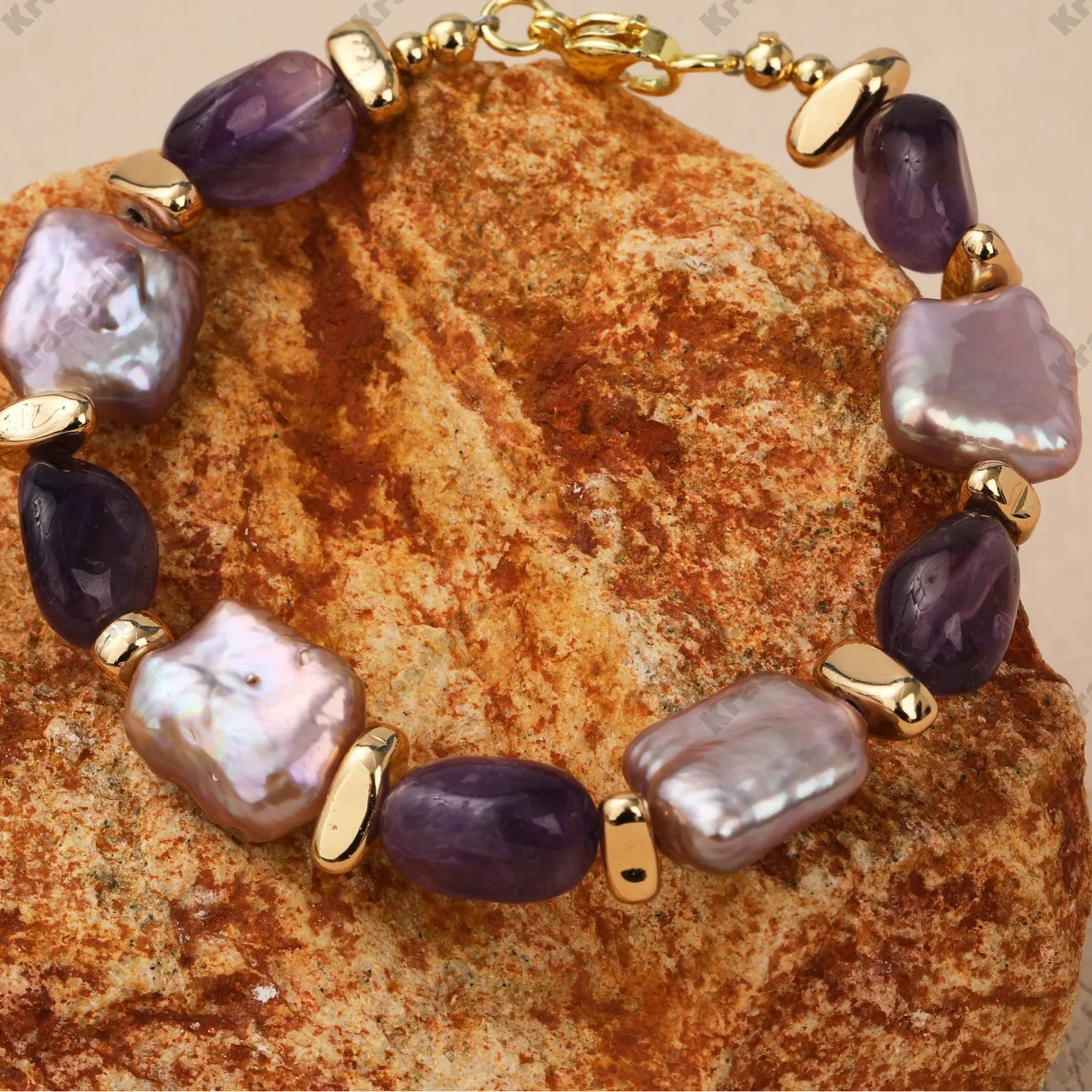 18K Gold Plated Natural Baroque Purple Rectangular Pearl Bracelet With Amethyst and Hematite Cute Vintage Styl