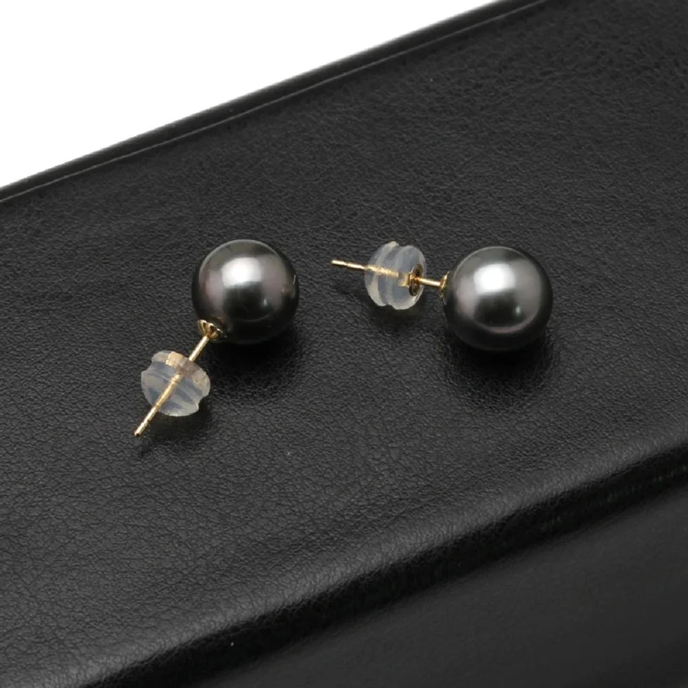 Real 18k/AU750 gold pearl earrings, round Tahitian black pearl earrings 8-9mm 9-10mm 10-11mm
