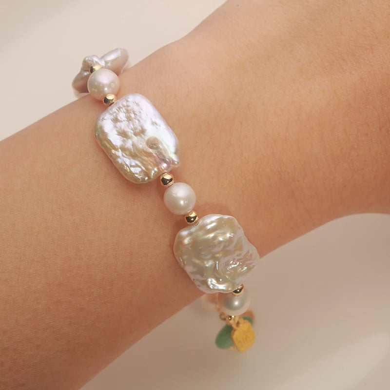 Natural freshwater Baroque Pearl bracelet white color square pearls 14k gold filled OT buckle bracelet ladies gift 16-18cm HI