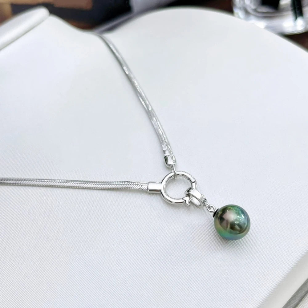 9-10mm Real Seawater Tahitian Black Pearl with 925 Silver Snake Chain Pendant