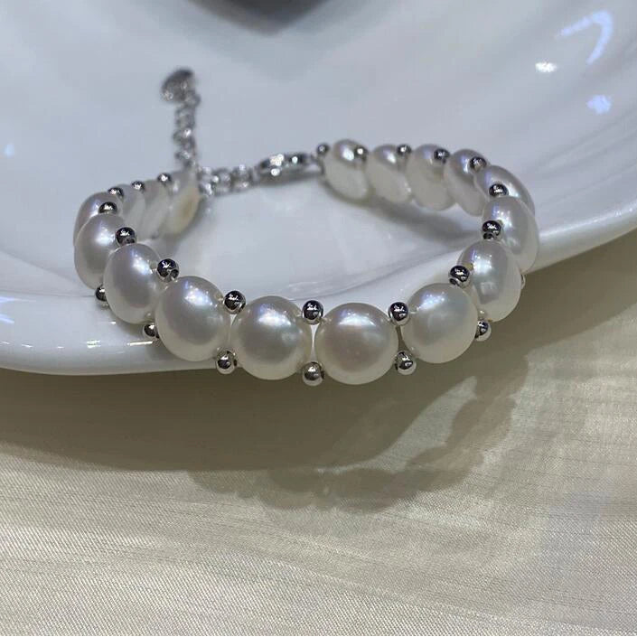 Baroque Pearl AA 8-9mm Natural Freshwater White Big Pearl Adjustable Chain Link Bracelet