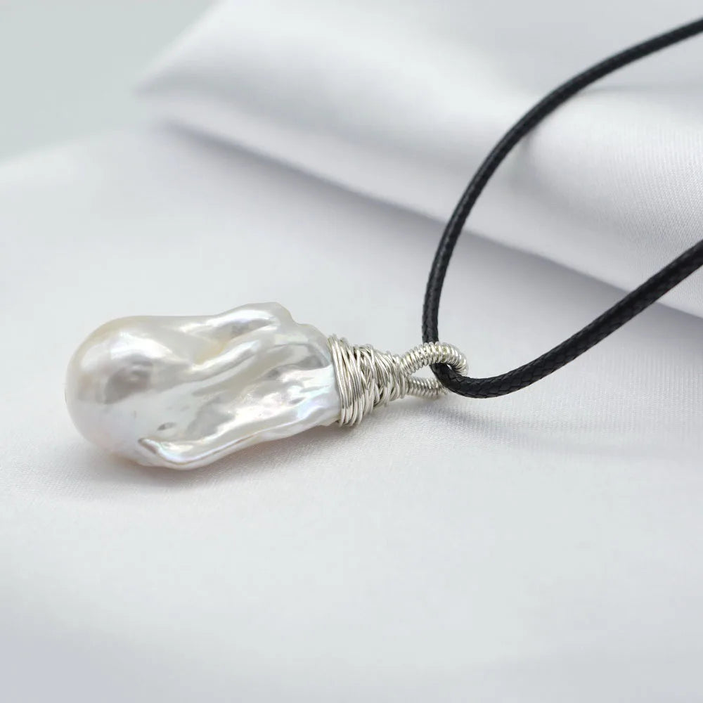 Women's Pendant White Large Baroque Pearl Sterling Silver Pendant Drop Shape Pearl Pendant Black Rope Necklace Free Shipping