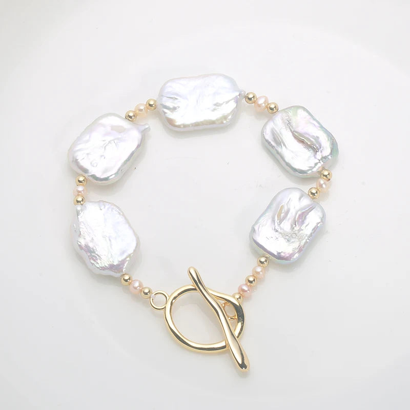 Natural freshwater Baroque Pearl bracelet white color square pearls 14k gold filled OT buckle bracelet ladies gift 16-18cm HI