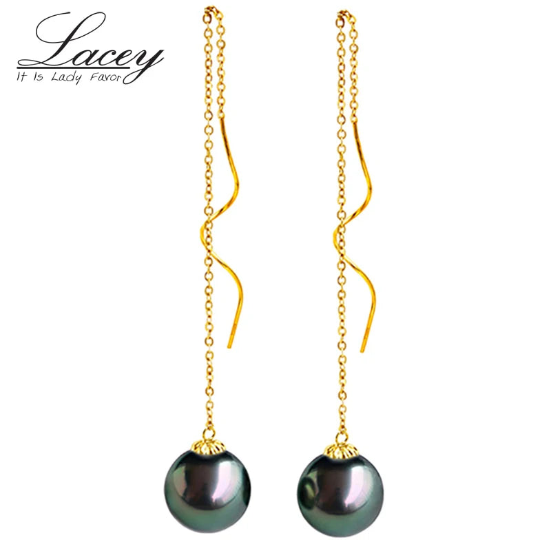 Perfect Round Tahitian Black Pearl Earrings For Women,Real 18k Gold Pearl Earrings Wedding Bride Gift