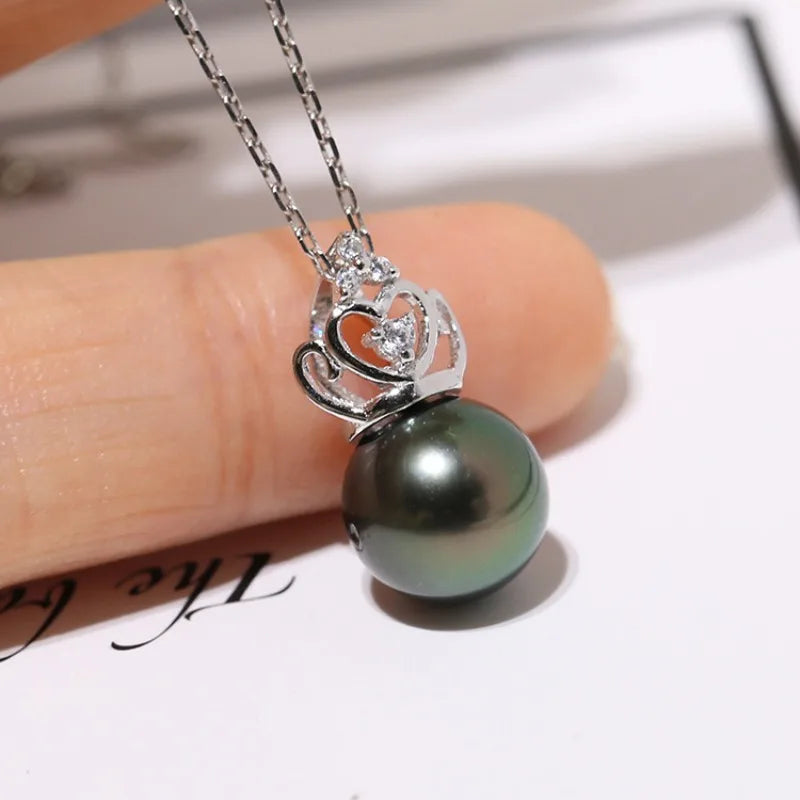 Designer HUGE AAAA 9-10mm Tahitian Black pearl Pendant Necklace 18 Inch 925 Silver
