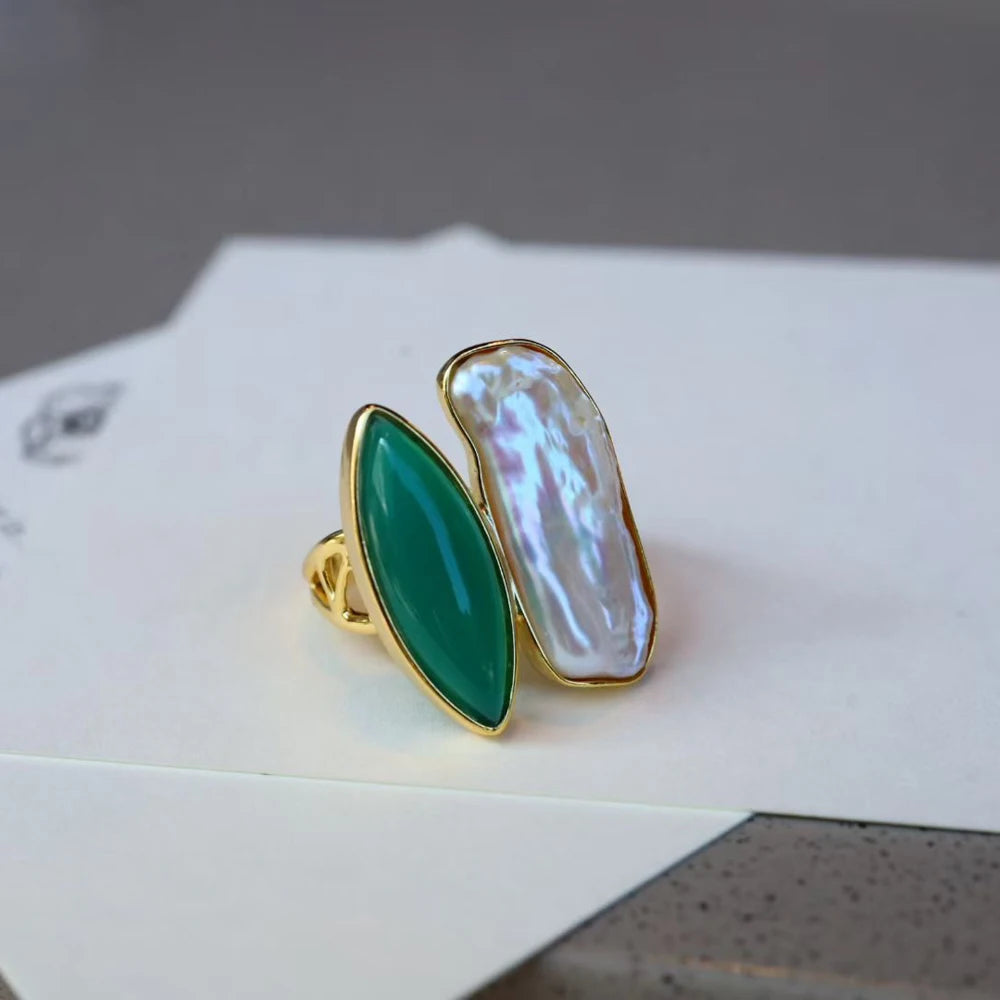 Trendy  Sterling 925 Silver Handmade Natural Freshwater Baroque Pearl Malachite Rings