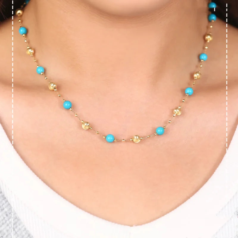 Natural turquoise necklace bracelet Real 18K Yellow Gold Jewelry sets For Women