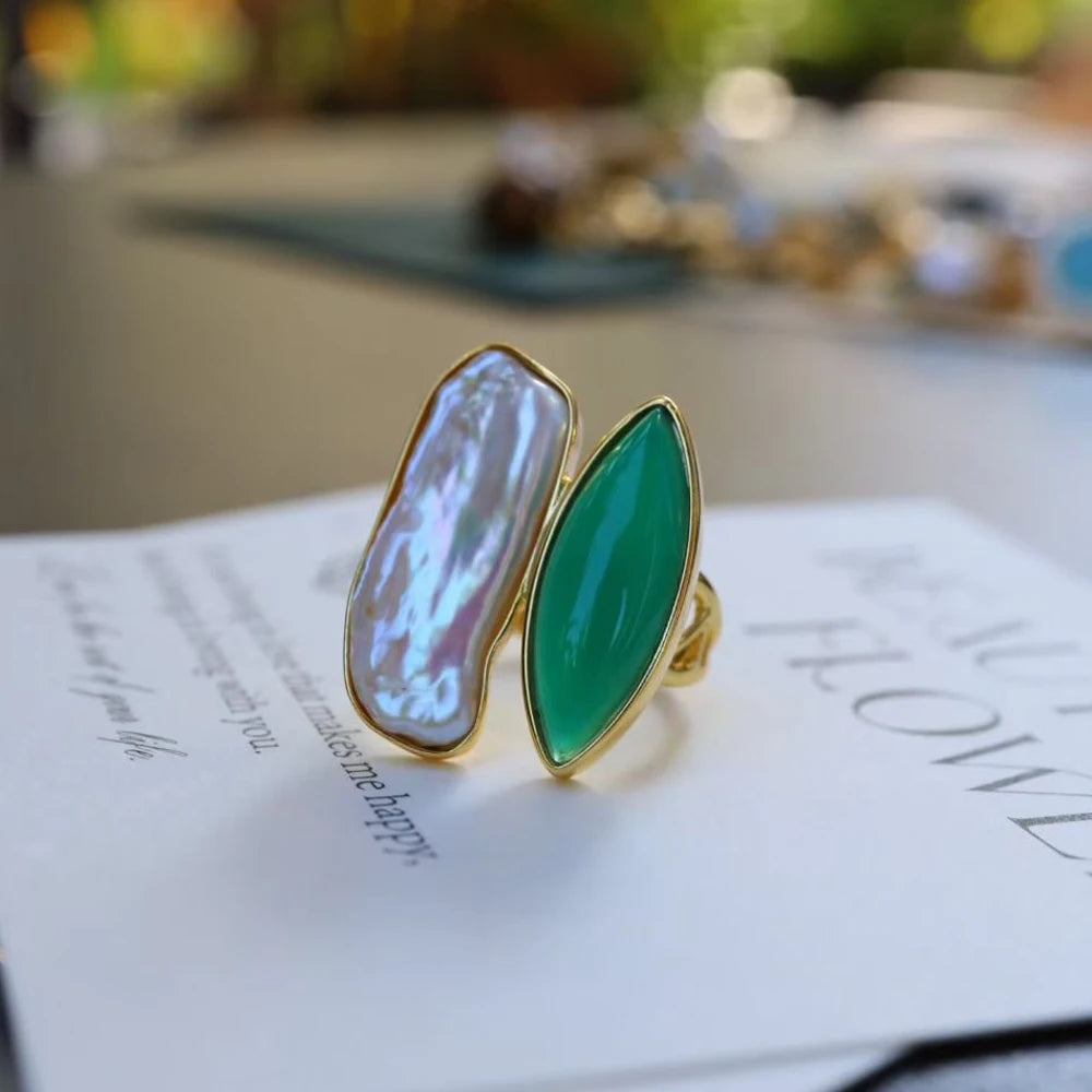 Trendy  Sterling 925 Silver Handmade Natural Freshwater Baroque Pearl Malachite Rings