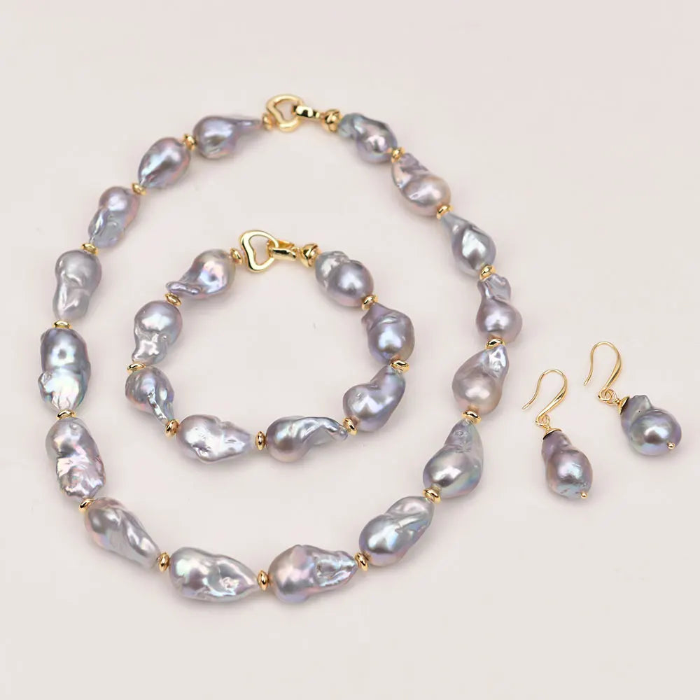 Freshwater Cultured Gray Keshi Baroque Pearl Necklace Bracelet Earrings Sets