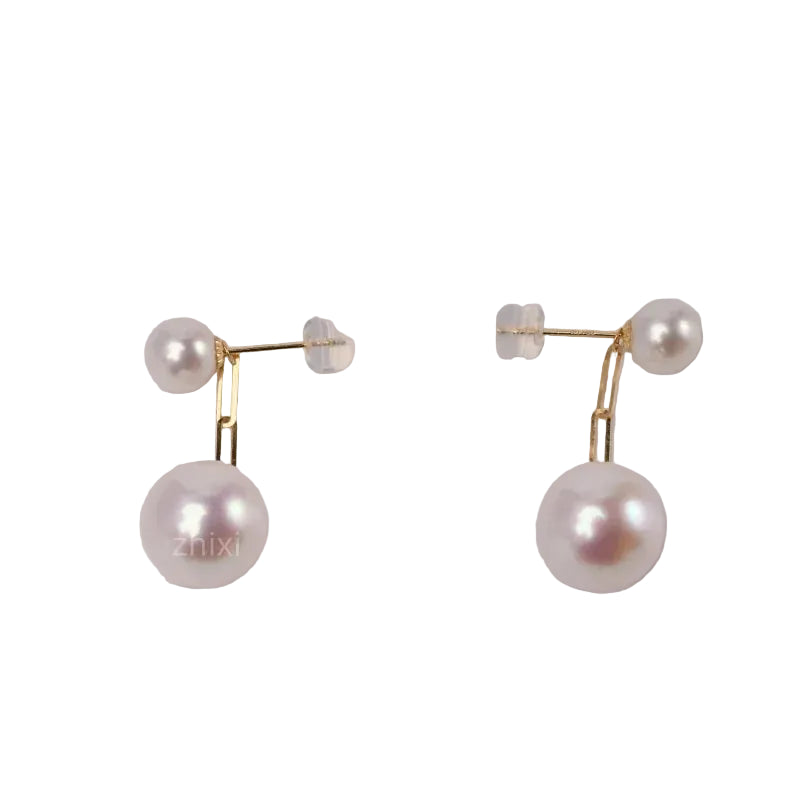 Big Genuine White Natural Freshwater Pearl 18K Yellow Gold Earrings