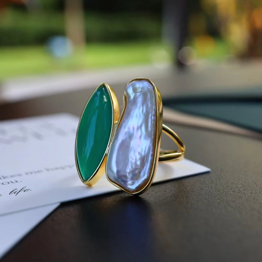 Trendy  Sterling 925 Silver Handmade Natural Freshwater Baroque Pearl Malachite Rings