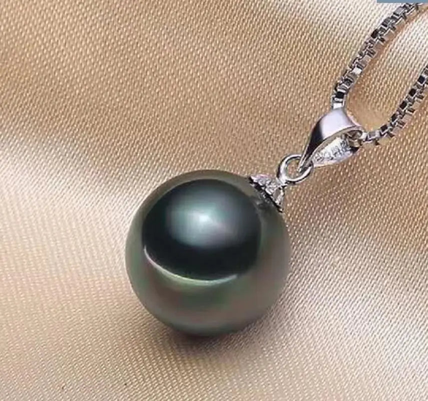 Charming 14mm Natural Black Genuine Round Pearl Pendant for Women Men Jewelry
