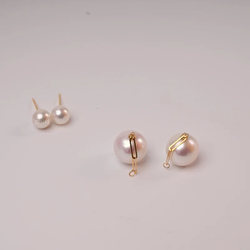 Big Genuine White Natural Freshwater Pearl 18K Yellow Gold Earrings