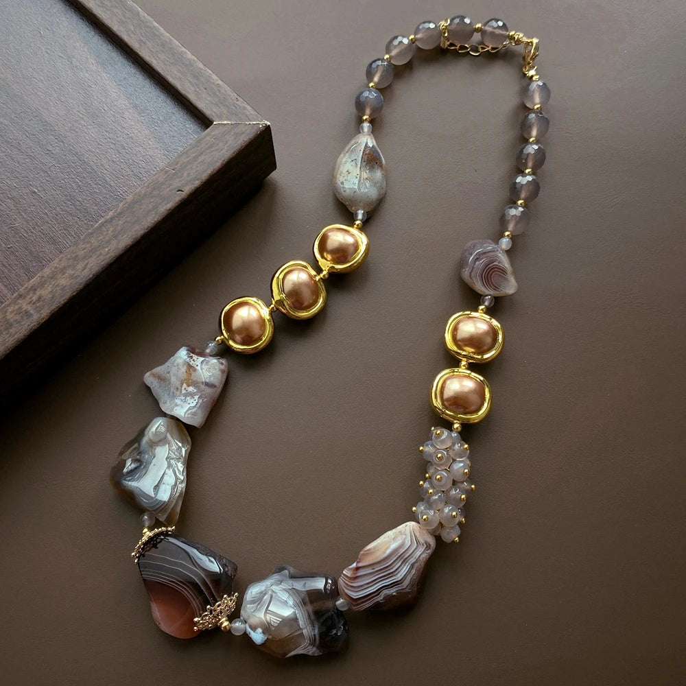 Natural Botswana Sardonyx Agates Rough Stone Gold Plated Bohemian Choker Necklace