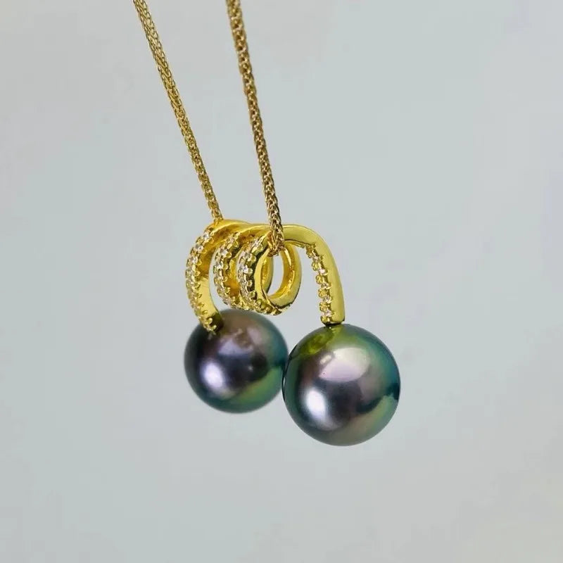 Natural 8-9mm Black Double Pearl Simple Necklace Pendant